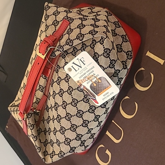 GUCCI VINTAGE ULTRA RARE 1990’S GG CANVAS THREE WAY CONVERTIBLE BAG NAVY/RED/TAN - Picture 8 of 17